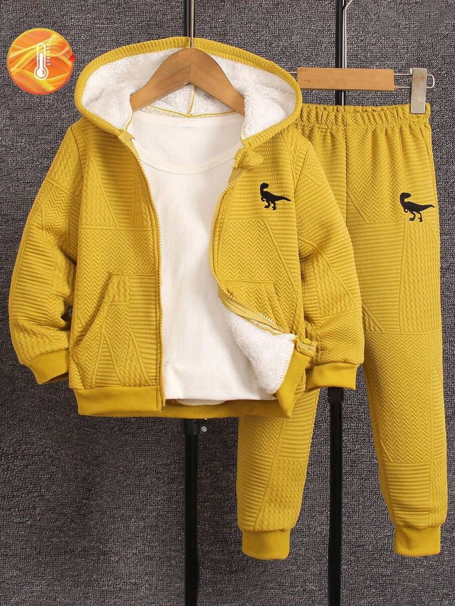 SHEIN Explorewe 2 件套年轻男孩可爱卡通印花拉链连帽夹克和保暖内衬慢跑裤休闲街头滑板装,适合秋冬季保暖 - 黃色 - 查看 1