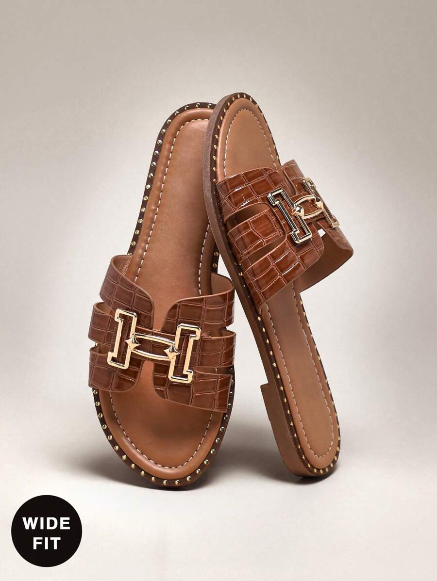 SHUZIA Sandal Selop Terbuka dengan Ujung Terbuka dan Hiasan Emas - Coklat - View 1