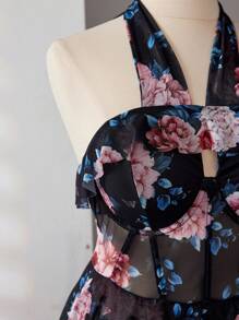 Sweetra Plus Size Women's Floral Print Halter Neck Multi-Layer Dress With Built-In Bra - Black - View 4