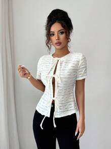 Chiquease Camiseta feminina casual elegante com decote em V e manga curta - Damasco - Ver 6