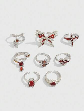 Grunge Punk 8pcs Adjustable Punk Style Metal Butterfly & Star Rings