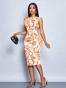 SOLERSUN 抽象水波花卉数码印花紧身性感派对中长连衣裙，时尚单肩 - 彩色 - 查看 5