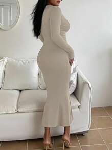 INAWLY Solva Robe décontractée minimaliste à manches longues pour femmes - Beige - Voir 5