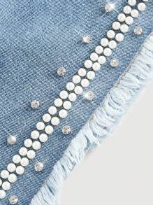 SHEIN MOD Short en jean pour femmes orné de strass et de perles - Bleu azur - Voir 4
