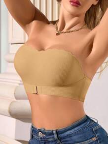 1pc Women Casual Comfy Front Closure Ribbed Seamless Wireless Bra - Apricot - View 8