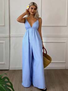 DAZY Bộ jumpsuit hở lưng cổ chữ V thanh lịch dành cho nữ, thích hợp cho kỳ nghỉ biển, du lịch biển. - Màu xanh lam - Xem 5