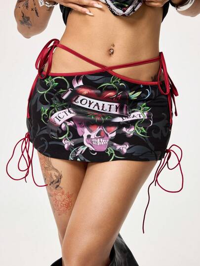 Grunge Punk Mini-jupe moulante à taille ultra basse avec imprimé cœur de squelette et de vigne, orné de strass, style vintage Y2K