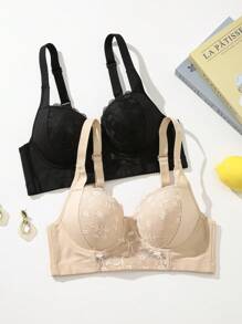 DesireSculpt 2pcs/Set Women's Lace Casual Soft & Comfortable Wire-Supported Lift & Shaping Bras With Wide Strap - Multicolor - View 7
