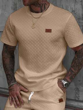 Manfinity CasualCool Men's Summer Jacquard Ribbed Collar Short Sleeve T-Shirt, Fine Gift For Boyfriend Or Husband,Very Suitable For Daily Casual Wear In Summer, Suitable For Seaside Vacation, Fashionable And Versatile Item Men Two Piece Casual Short Sets Mens 2 Piece Outfits Beige Men Outfit Mens Beige Short Set Mens Casual Two Peice Set