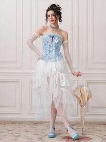 ROMWE Kawaii 女士复洛克风格浪漫珍珠蝴蝶结系带紧身胸衣上衣