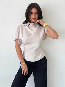 Firerie Blusa de lino y fibra de bambú beige para uso diario, ideal para cualquier temporada, con cuello arrugado, mangas asimétricas y fruncido lateral en la cintura. - Albaricoque - Ver 4