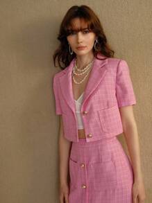 MOTF PREMIUM 格纹翻领短款夹克 - 粉色 - 查看 6