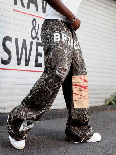 Street Life Jeans casual da uomo comodi e larghi con stampa leopardata, ricamo di lettere e dettagli consumati