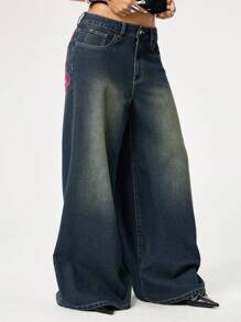 ROMWE Grunge Punk Punk Distressed Cross & Vine Embroidery Washed Loose Straight Leg Extra Long Jeans Pants