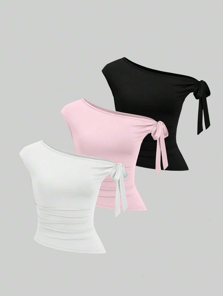 Sweetra 3件套女士休闲纯色斜肩舒适T恤套装 - 彩色 - 查看 1