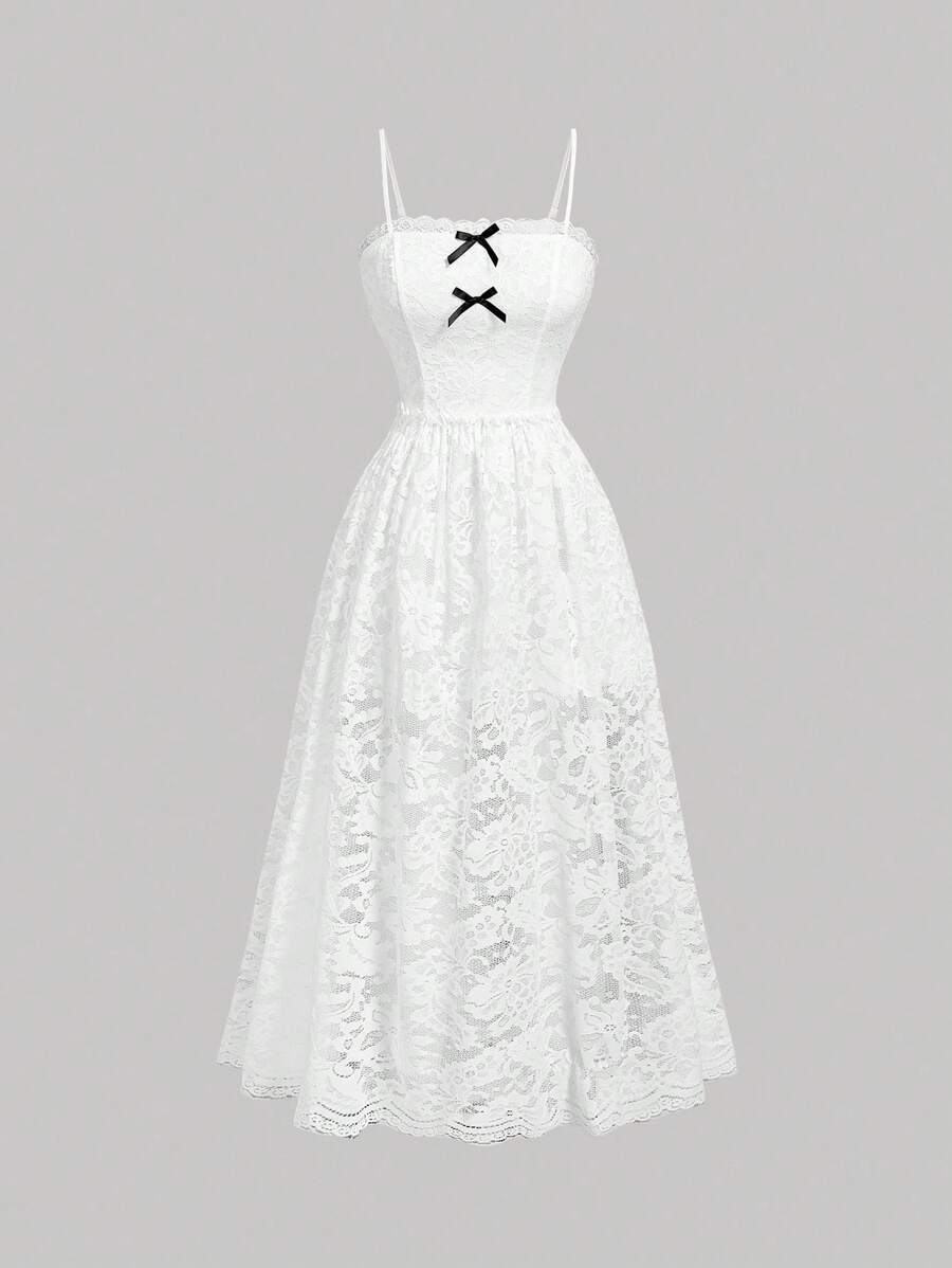 SHEIN MOD Đầm Maxi Ren Trắng Xếp Ly Cho Nữ, Đầm Dài Có Chi Tiết Nơ - trắng - Xem 1