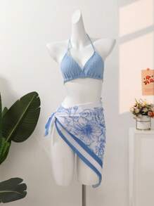 蓝色调少女分体泳衣：条纹特殊面料泳衣，展现青少年时尚海滨审美 - 彩色 - 查看 7