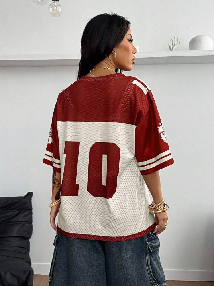 Coolane Women's Summer Streetwear Going Out Athleisure Casual Graphics Breathable Mesh Loose Jersey T-Shirt Y2k - Red and White - View 2