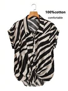 SHEIN LUNE Plus Size Women Summer Zebra Print Batwing Sleeve Single-Breasted Blouse Beach Outfits For Woman Old Money Boho Linen Holiday Business Casual Button Up Shirt Women Funny Shirts Linen Shirt Going Out Tops Women Teacher Outfits For Women - Black and White - View 3