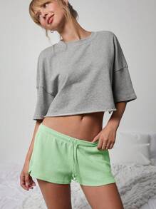WESTFADE Cute Mid Rise Tie Front Textured Knit Lounge Shorts - Green - View 5
