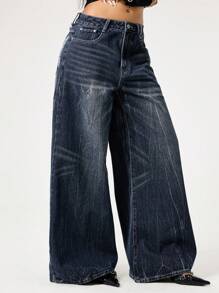 ROMWE Grunge Punk Spring/Summer Graphic Y2K Punk Distressed Butterfly Embroidery Vintage Washed Loose Low Waist Wide Leg Pants - Blue - View 5