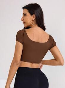 SHEIN Sports T-shirt court de sport pour femmes à manches raglan, col carré, couleur unie - Marron - Voir 2