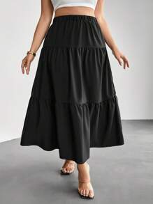 Firerie Plus Size Women's Romantic Multi-Layers Long A-Line Skirt, Black Umbrella Hem Layered Skirt, Summer Outfit For Travel, Holiday, Date