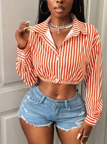 BamGleam Women Drop Shoulder Long Sleeve Red Striped Crop Top Shirt - Orange - View 6