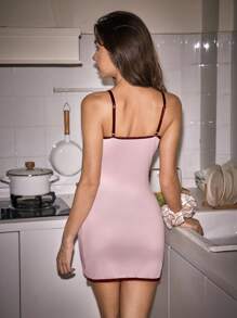 SHEIN Camiseta ajustada con estampado de letras y cerezas para mujer, camisón sexy - Rosa - Ver 3