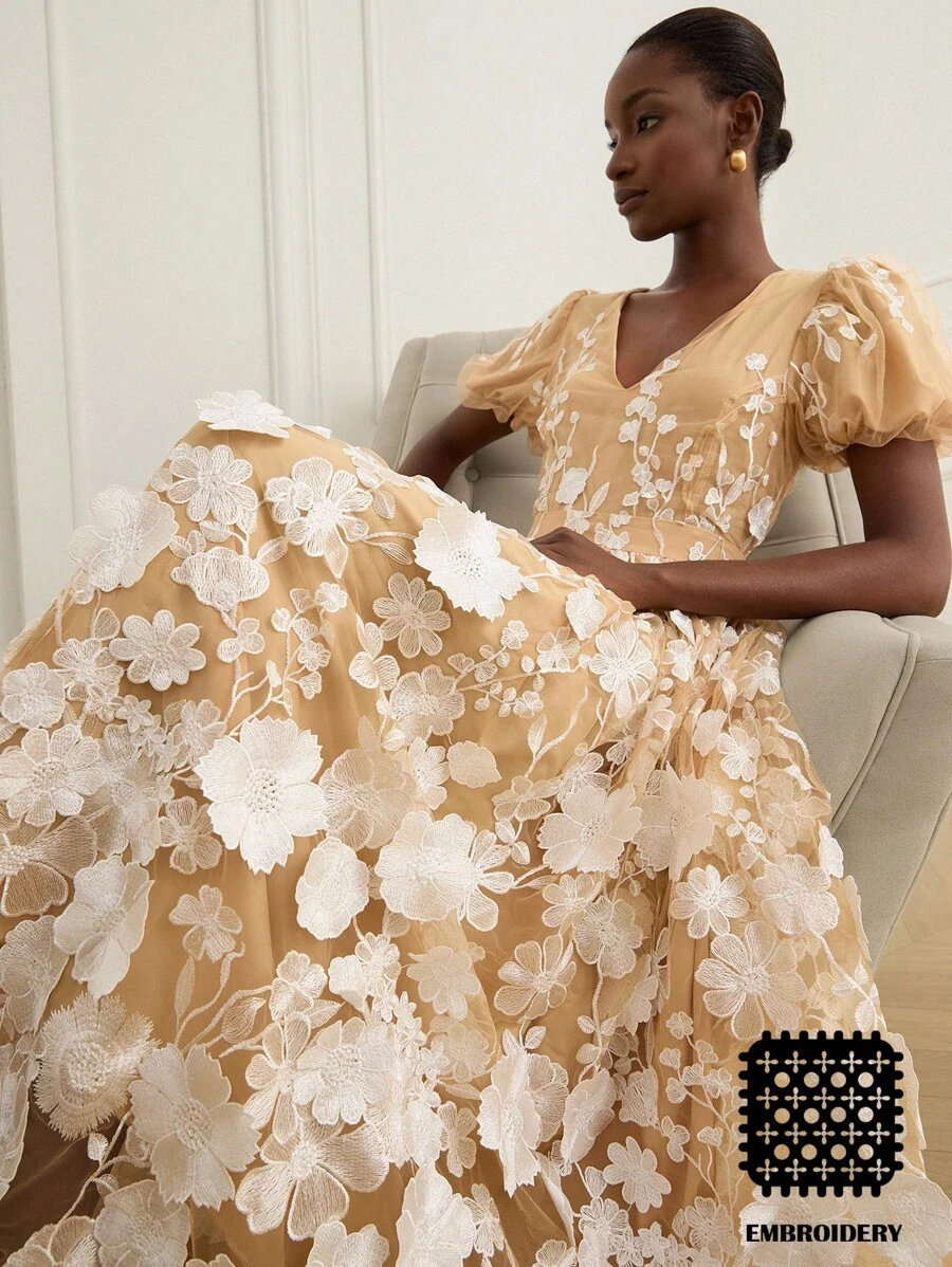 Aveloria Rosie 优雅刺绣网眼泡泡袖V领长裙，花卉刺绣，奢华春夏新款女士连衣裙 - 彩色 - 查看 1