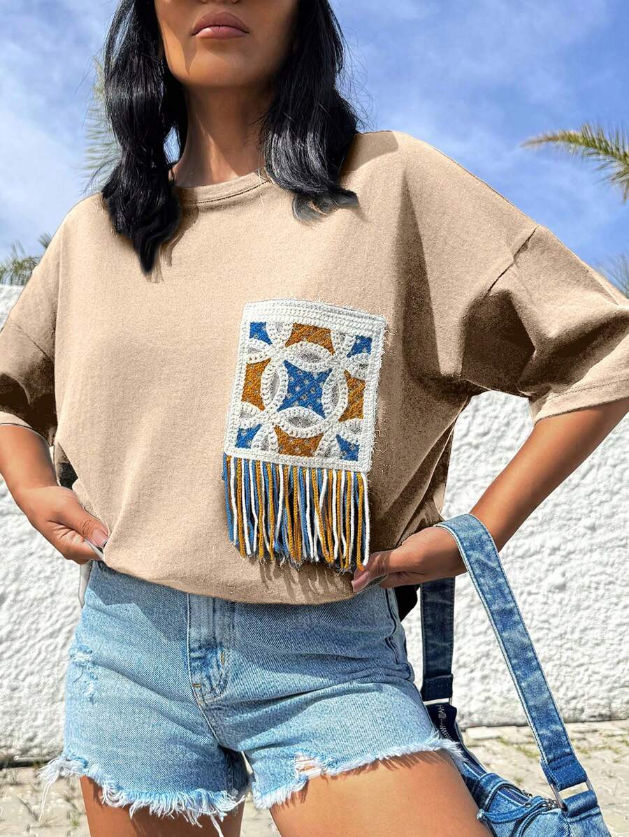 EURMUSE Áo thun cổ tròn cỡ lớn thường ngày thêu hoa văn 100% Cotton ở ngực - Cà phê nâu - Xem 1