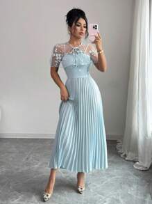 Elenzga Vestido elegante y casual para mujer con cuello de chal de malla bordada, plisado y tirantes para uso en casa u exterior