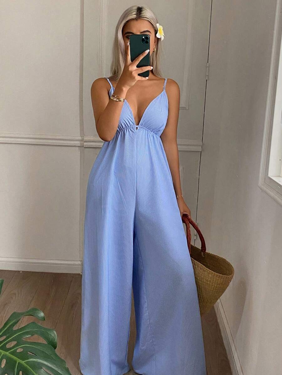 DAZY Bộ jumpsuit hở lưng cổ chữ V thanh lịch dành cho nữ, thích hợp cho kỳ nghỉ biển, du lịch biển. - Màu xanh lam - Xem 1