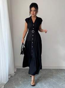 SHEIN Tall Elegantes und sexy Damenkostüm für den Büroalltag, Urlaubsmode, luxuriös, Promi-Stil, figurformende, hochwertige, französisch inspirierte schwarze Hemdkleid mit Taillengürtel, Einreiher mit Schulterpolstern, ärmellos mit Gürtel, Hemdkragen