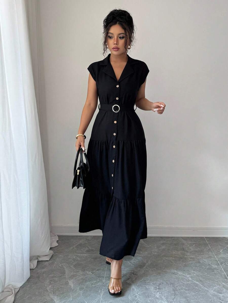 SHEIN Tall Elegantes und sexy Damenkostüm für den Büroalltag, Urlaubsmode, luxuriös, Promi-Stil, figurformende, hochwertige, französisch inspirierte schwarze Hemdkleid mit Taillengürtel, Einreiher mit Schulterpolstern, ärmellos mit Gürtel, Hemdkragen