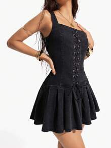 Jeanoix 女式方领无袖蝴蝶结褶饰牛仔连衣裙，时尚 - 黑色 - 查看 1