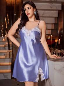 SilkySpell Plus Size Contrast Color Ruffle Hem Split Hem Sexy Faux Silk Camisole Short Nightgown Satin Nightgown Lace Nightgown Silk Nightgown Satin Slip Dress Blue Lingerie Dress
