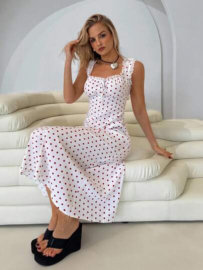 Roylia Women's Elegant Fitted Casual Summer Lace Spaghetti Strap Dress