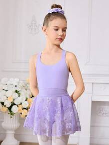 Tween Girls' 2Pcs Purple Ballet Leotard & Lace Skirt Set, Slim-Fit High Elasticity Fitness Outdoor Sports Dance Activewear