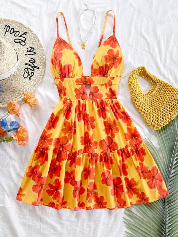 Soleia Women's Vacation Hibiscus Floral Print Spaghetti Strap Hollow Out Backless Mini Dress, Suitable For Holiday, Date, Afternoon Tea, Beach, Cruise, City Trip, Music Festival, Boho Vacation Hibiscus Dress Vacation Dress