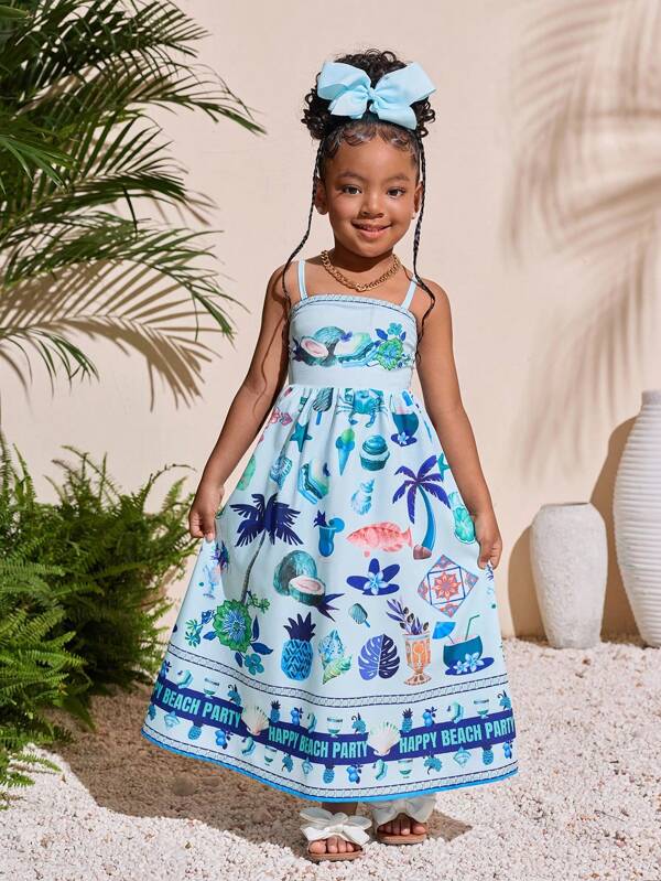 Young Girls Tropical Print Spaghetti Strap Dress, Summer Vacation Beach Sibling Matching Outfits (2 Pieces Sold Separately)