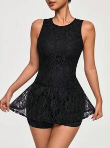 CourtClass Solid Color Lace Patchwork Crew Neck Sleeveless Sports Dress - Black - View 3
