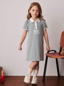 PrepCrw Vestido de manga corta hasta la rodilla con cuello a medias con bloque de colores y decoración de lazo para niñas jóvenes