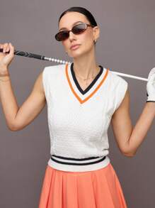 Activina Women's Casual V-Neck Contrast Striped Binding Wide Hem Loose Fit Sports Knit Vest - Multicolor - View 5