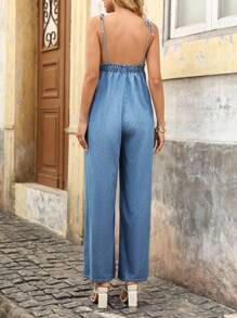 EMERY ROSE 女士休闲系带肩牛仔宽松阔腿牛仔连体裤，夏季 - 中等水洗藍 - 查看 2