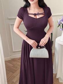 Feyla Women's Summer Elegant Solid Color Bowknot Decor Dress - Purple - View 7