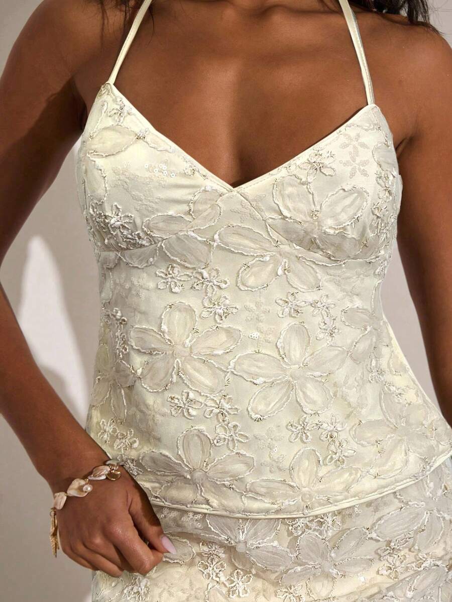 Opulessa 1 件女式纯色纹理露背系带衬衫 - 杏色 - 查看 1