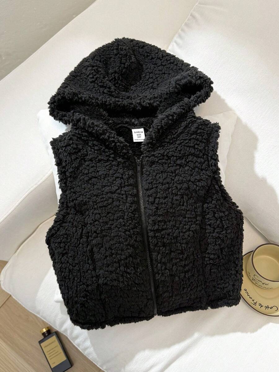 SHEIN Tween Girl Casual Street Fashion Comfy Double-Sided Fleece Zip-Up Hooded Cropped Sleeveless Jacket, Black Black Hooded Vest Kids Girls Vest With Hood,In Fall/Winter