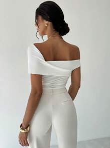 Firerie 女士优雅简约时尚性感别致日常通勤音乐节假日单肩不对称褶皱短款上衣，白色，春夏，露肩上衣 - 白色 - 查看 3