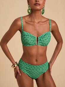 Travachic Conjunto de traje de baño con estampado total para vacaciones en la playa para mujer